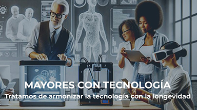 Imagen de seniors probando dispositivos tecnologicos