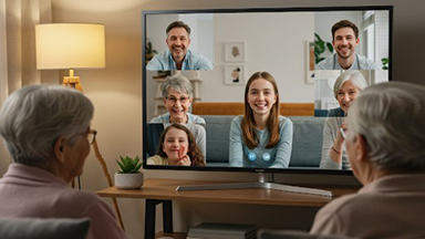 Dos personas mayores realizando una videollamada con su familia y empleando la Smart TV