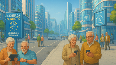 Imagen de séniores con tecnología en las manos en una ciudad en apariencia inteligente.