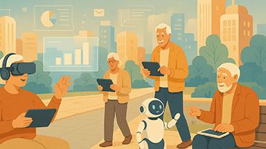 Séniores con dispositivos electrónicos paseando por la ciudad