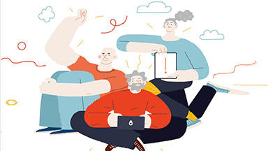 ILUSTRACIÓN DE SÉNIORES EMPLEANDO DISPOSITIVOS DIGITALES