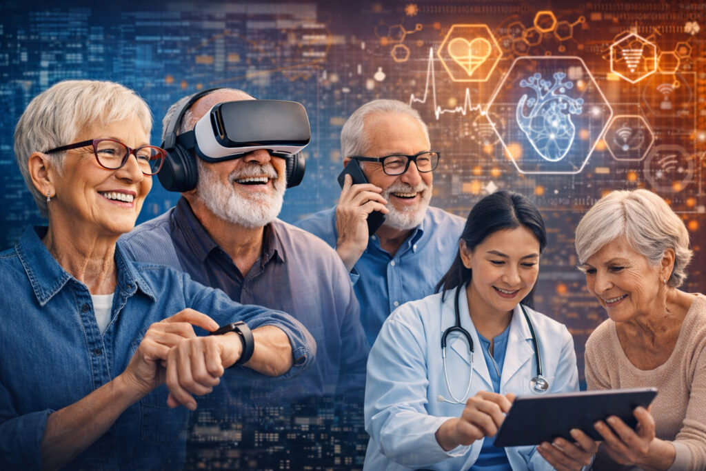 Séniores con dispositivos tecnológicos y alguno relacionado con la salud