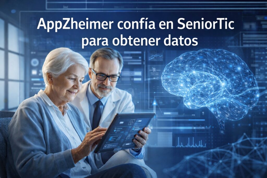 Imagenes de séniores en un laboratorio de pruebas de aplicaciones digitales y titular sobreimpreso