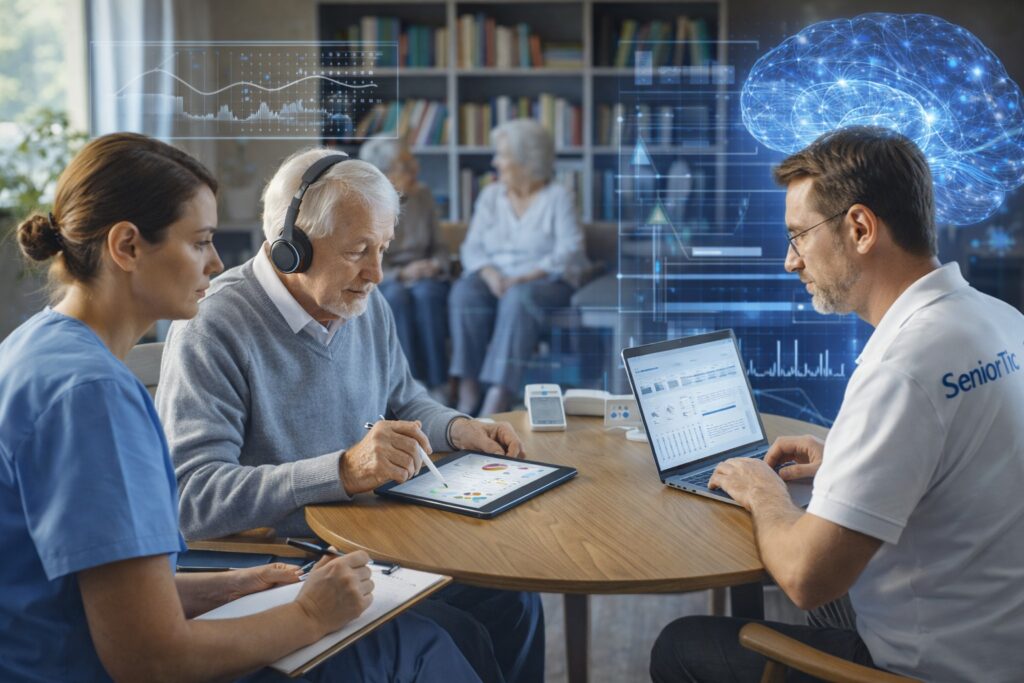Imagen de mayores en un laboratorio de prueba de aplicaciones digitales.
