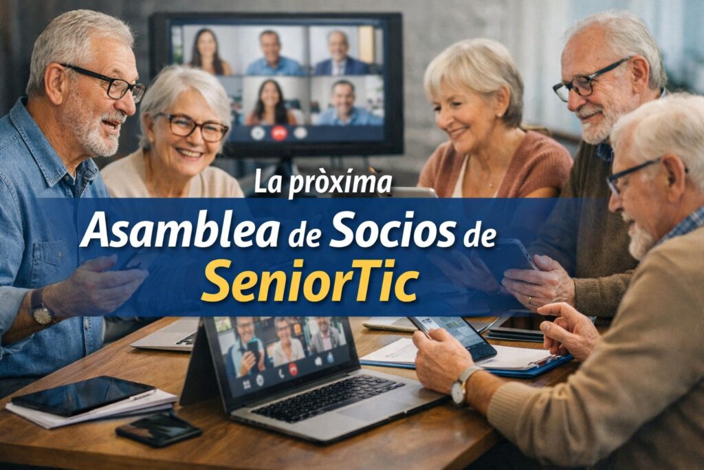 Imagen de séniores con dispositivos TIC y titular sobreimpreso: La próxima Asamblea de socios de SeniorTic