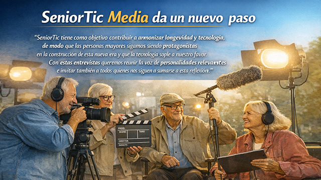 Imagen de séniores grabando un video y titular sobreimpreso: SeniorTic Media da un nuevo paso