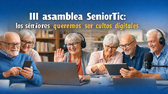 Imagen de séniores con dispositivos digitales y titular sobreimpreso