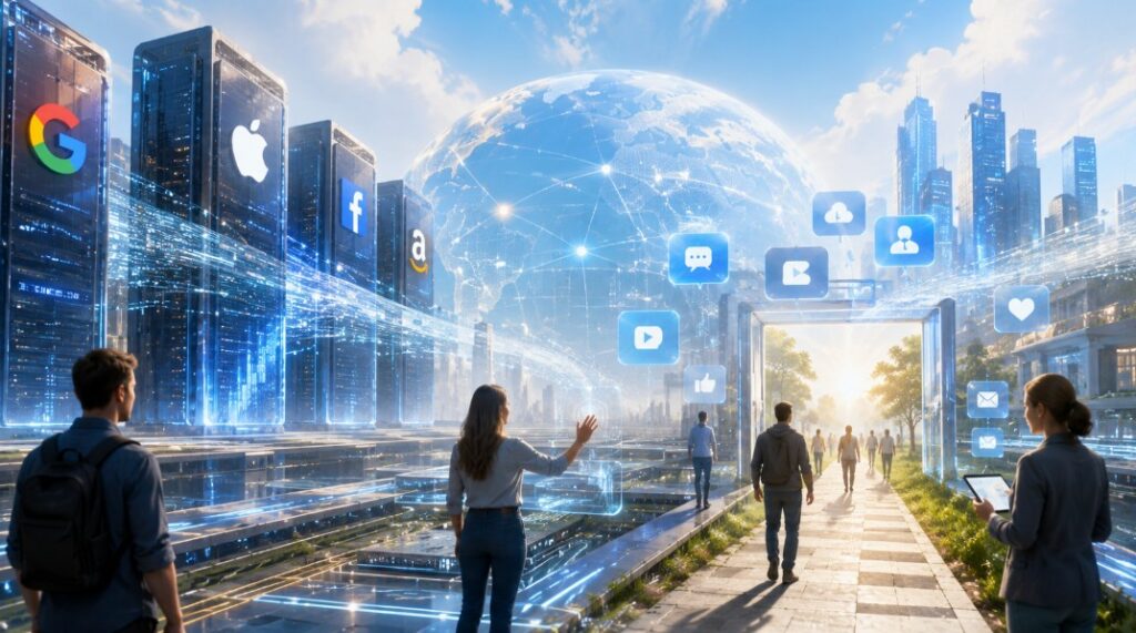 Ciudadanos en una ciudad futurista entre símbolos relacionados con internet