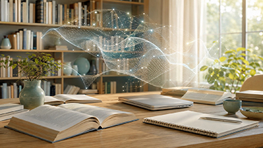 Imagen simbólica de la inteligencia artificial, nube electrónica en una biblioteca