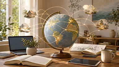 Imagen simbólica sobre internet en el mundo. Esfera mundo envuelta en una nube de conexiones.