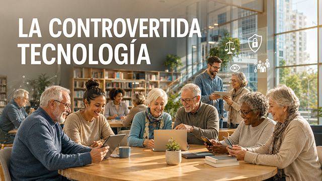 El titular "La Controvertida Tecnología" sobre imagen de mayores en una biblioteca con dispositivos electrónicos