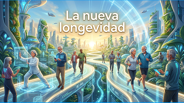 Mayores en un escenario futurista y titular sobreimpreso: La nueva longevidad.