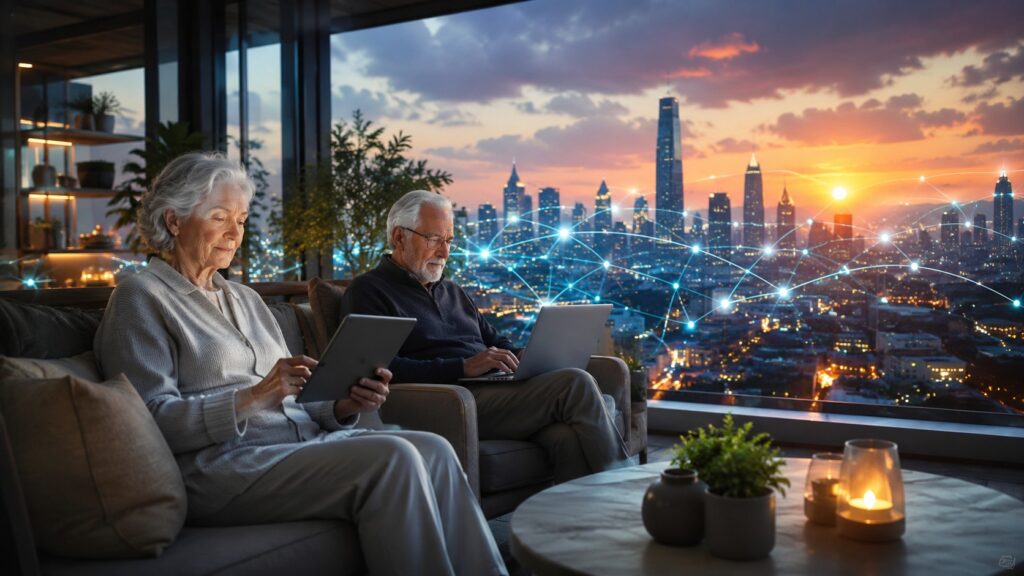 Mujer y hombre en ciudad del futuro.