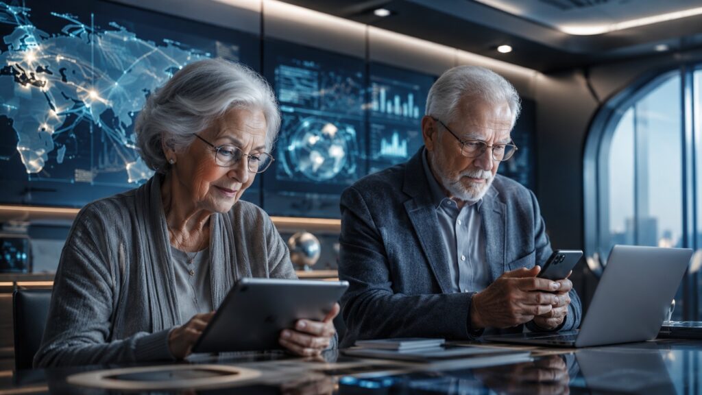 Mujer y hombre en espacio con diversos dispositivos tecnológicos