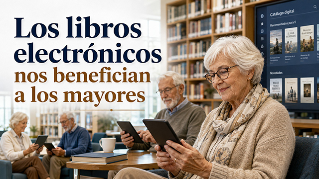 Mayores en biblioteca con lectores electrónicos Y titular sobreimpreso sobre la imagen