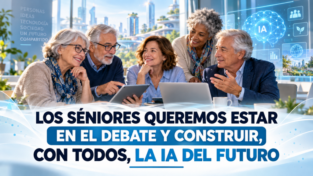 Imagen mayores empleando tecnologías y titular sobreimpreso.