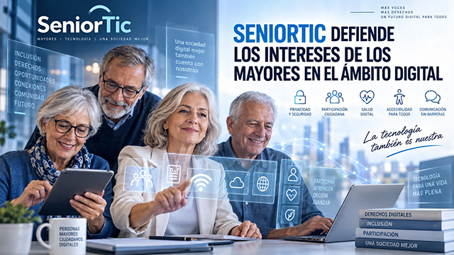 Imagen de mayores manejando dispositivos TIC y titular sobreimpreso
