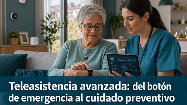 Enfermera y señora con dispositivos electrónicos y titular sobreimpreso