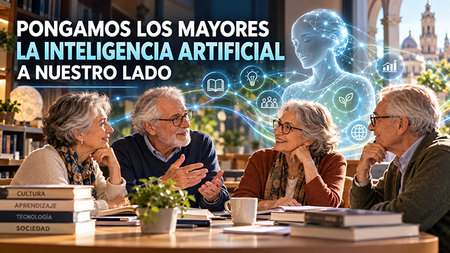 Mayores reflexionando con la IA de trasfondo y título sobreimpreso